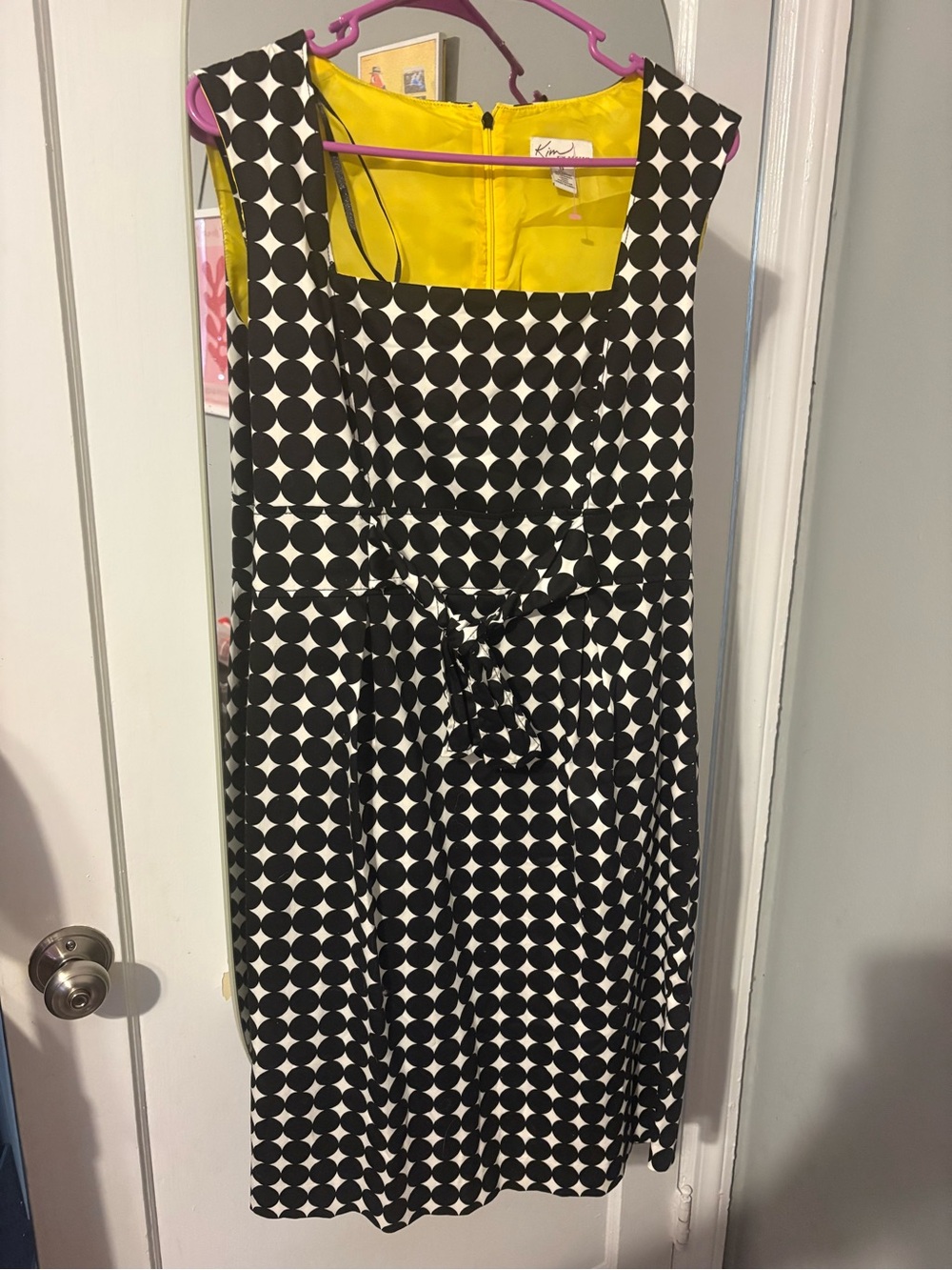 Kim Rogers Black and White Polka Dot Square-Neck Dress with Yellow Lining mod